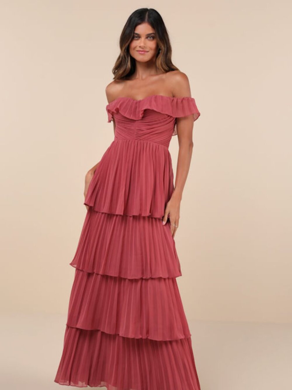 Lulus Always Remarkable Rusty Rose Pleated Off-the-shoulder Maxi Dress Pink